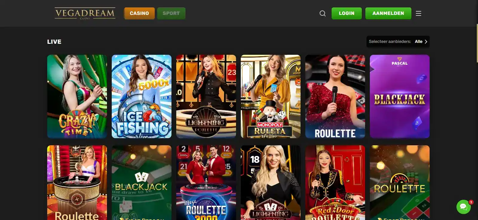 Vegadream live-casino lobby met live tafels en categorieën