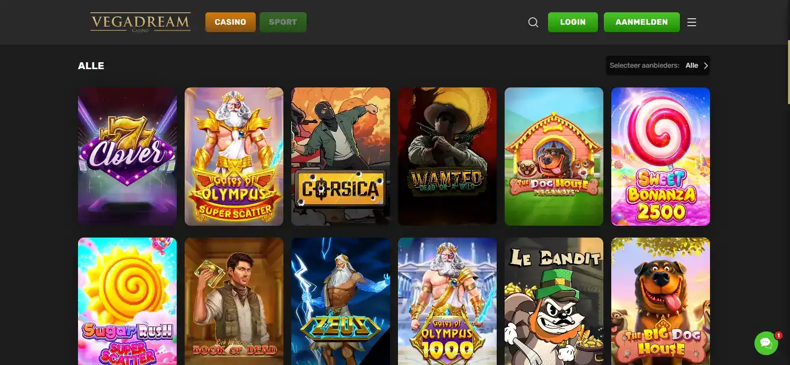 Vegadream game-lobby met categorieën en spelproviders