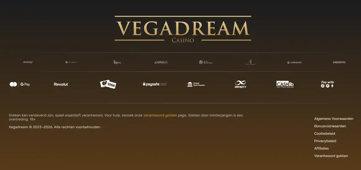 Officiële Vegadream-footer met operator- en vergunninginformatie