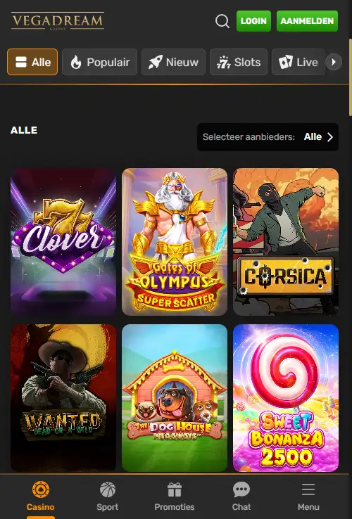 Echte mobiele weergave van de Vegadream homepage of casino-lobby