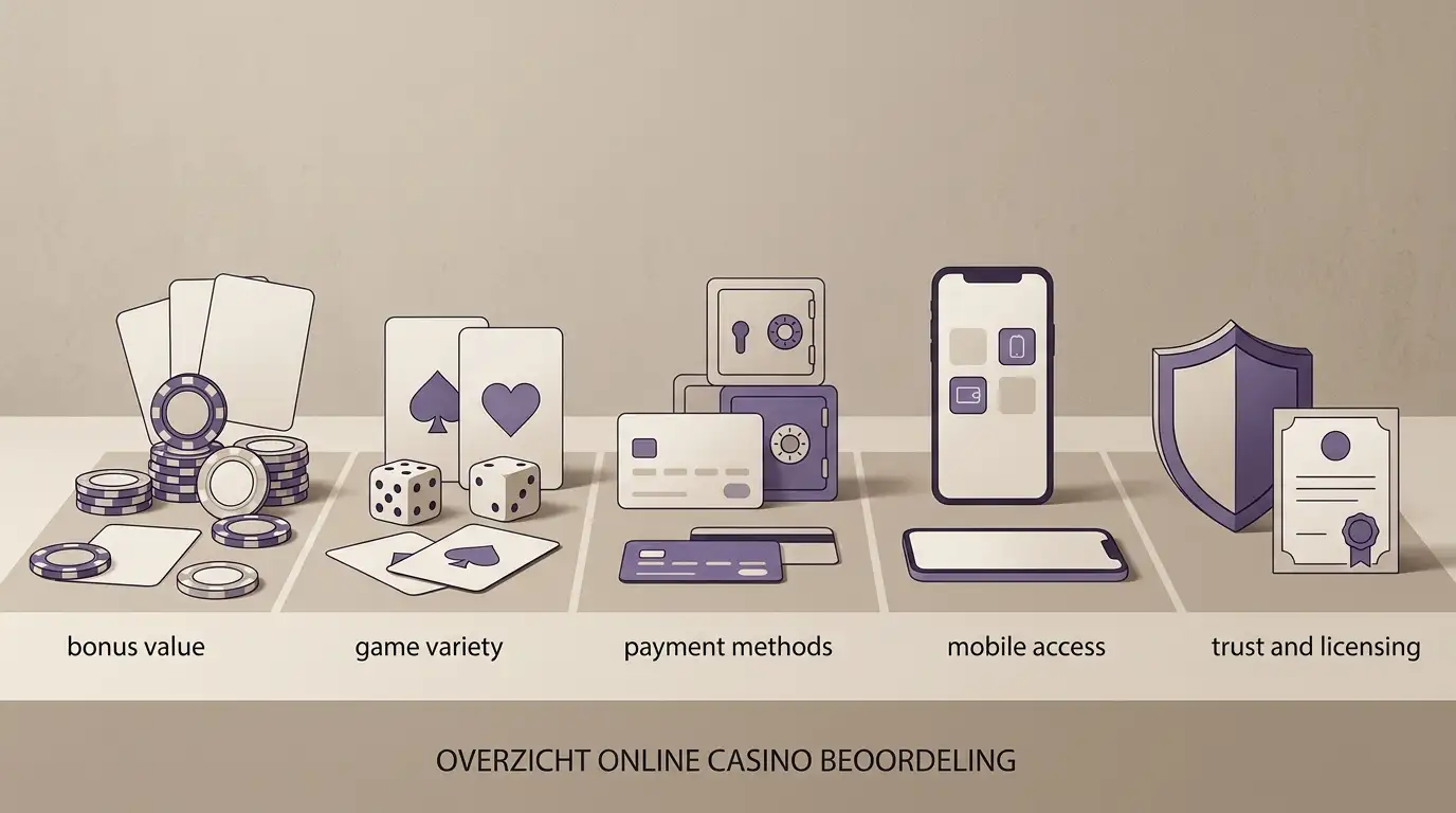 Illustratieve beslisoverzicht met bonus, spellen, betalen, mobiel en vertrouwen als afzonderlijke beoordelingspunten