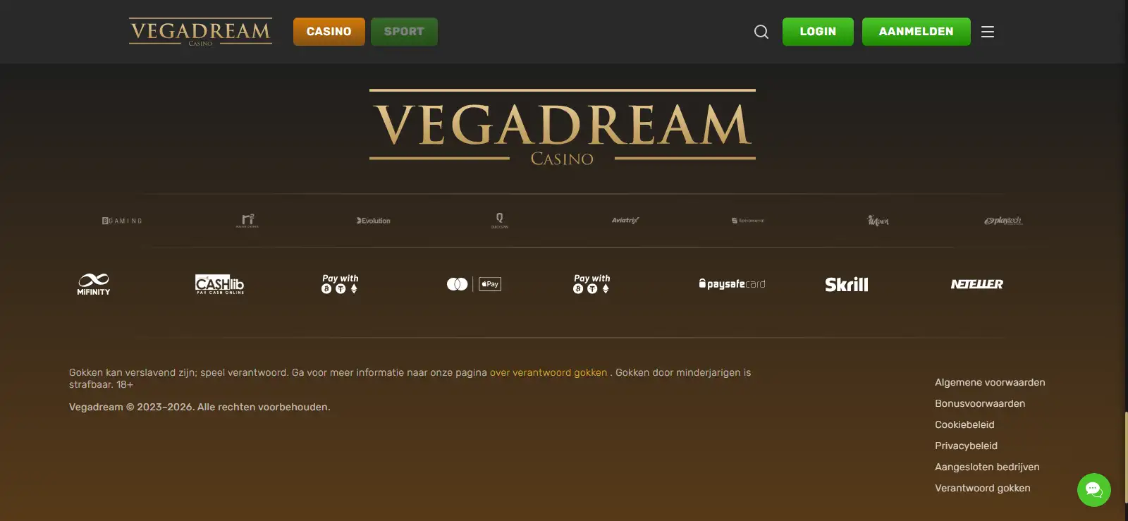 Vegadream-footer met operator- en vergunninginformatie